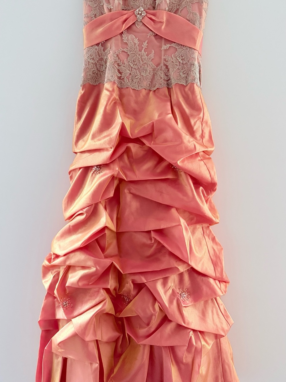 Coral Pink Ruffled Lace Ball Gown